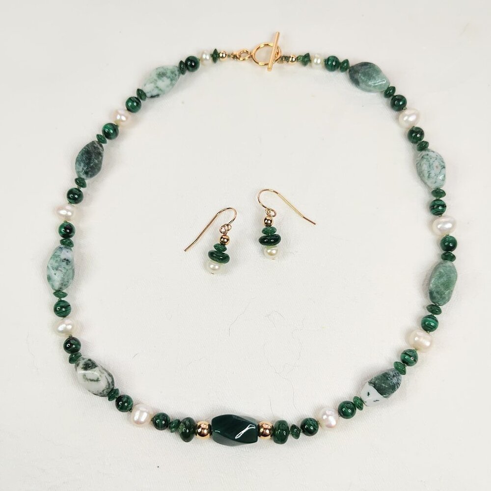 Agate-Malachite-Aventurine Necklace & Earring Set - NEW